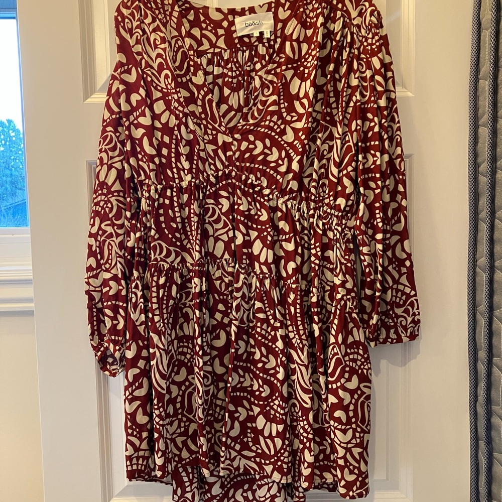 ba&sh Red and White Long Sleeve Dress